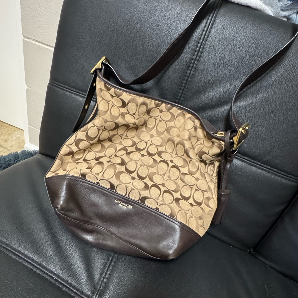 Coach Tan and Brown Signature Shoulder Bag